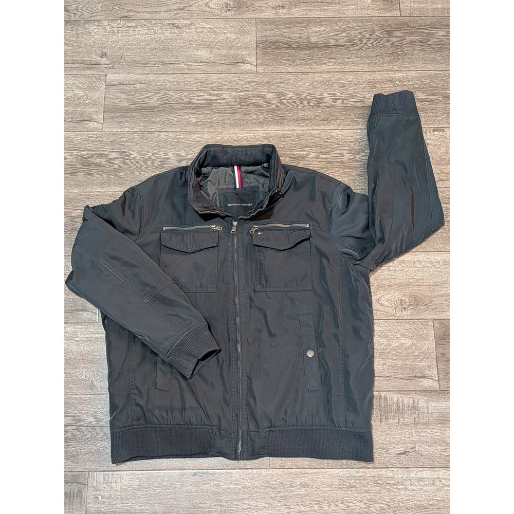 Tommy Hilfiger Mens Black Full Zip Bomber Jacket XXL Stowaway Hood RN 54163